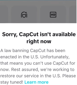 CapCut ban message on the app